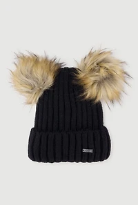 Double Faux Fur Pom Pom Rib Knit Beanie
