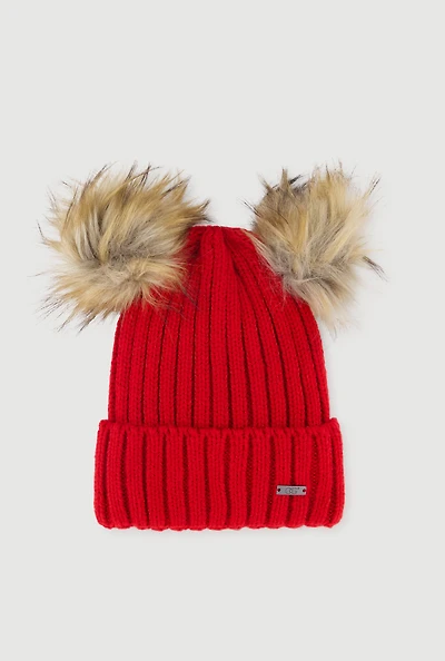 Double Faux Fur Pom Pom Rib Knit Beanie