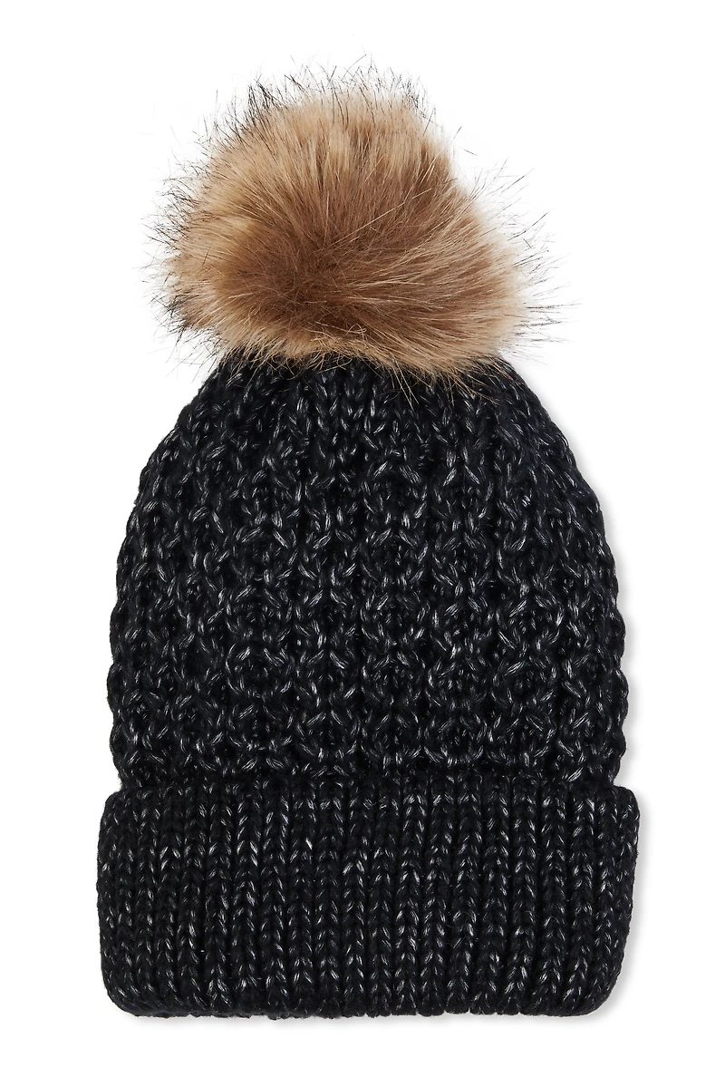 Womens Faux Fur Pom Pom Knit Beanie, Black
