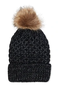 Womens Faux Fur Pom Pom Knit Beanie, Black