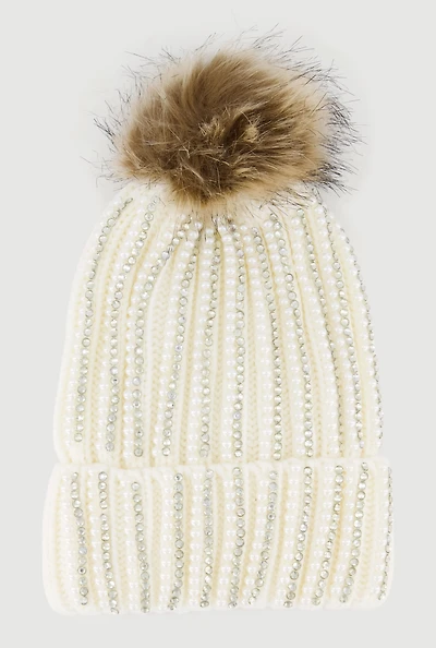 Faux Fur Pom Pom Faux Pearl and Rhinestone Striped Beanie