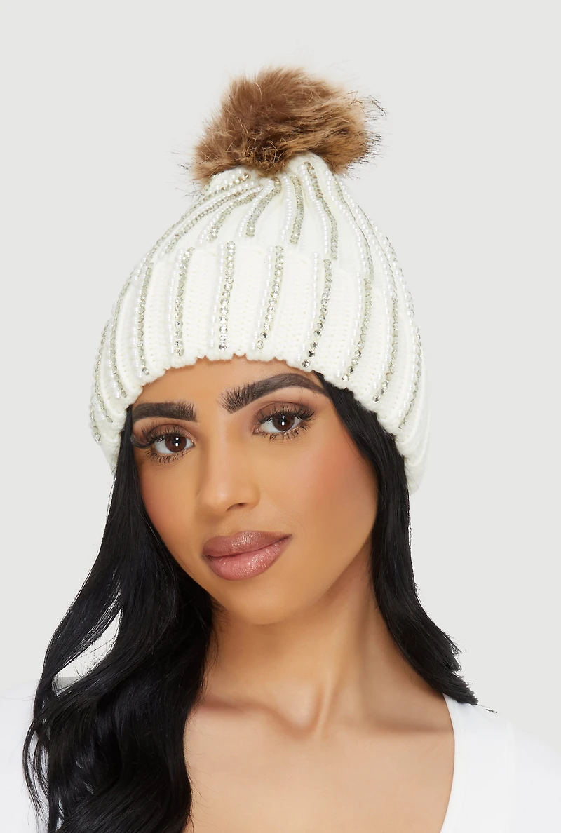 Faux Fur Pom Pom Faux Pearl and Rhinestone Striped Beanie