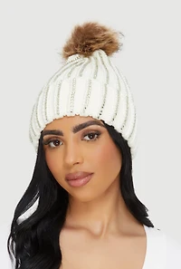 Faux Fur Pom Pom Faux Pearl and Rhinestone Striped Beanie