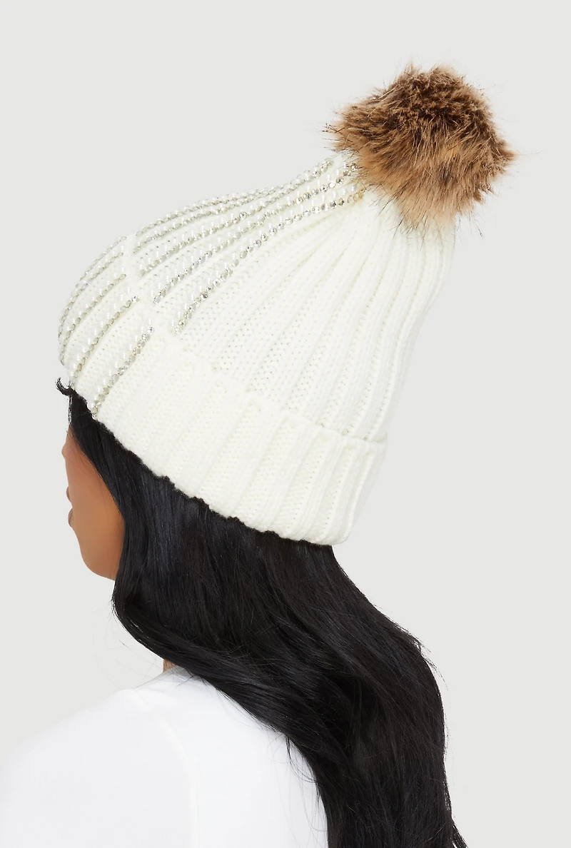 Faux Fur Pom Pom Faux Pearl and Rhinestone Striped Beanie