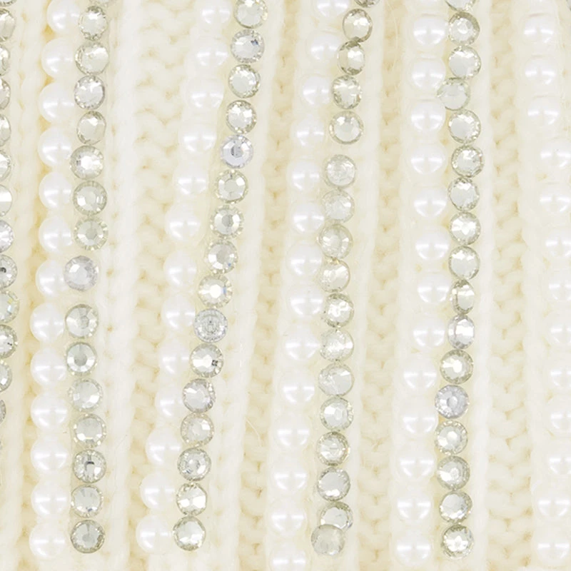 Faux Fur Pom Pom Faux Pearl and Rhinestone Striped Beanie
