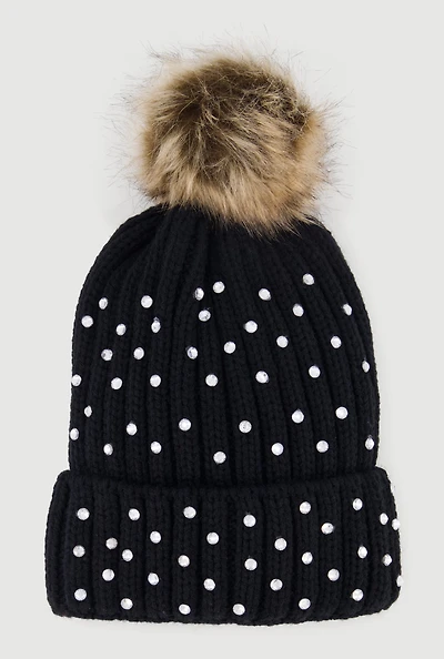 Faux Fur Pom Pom Rhinestone Detail Beanie