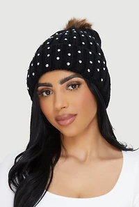 Faux Fur Pom Pom Rhinestone Detail Beanie