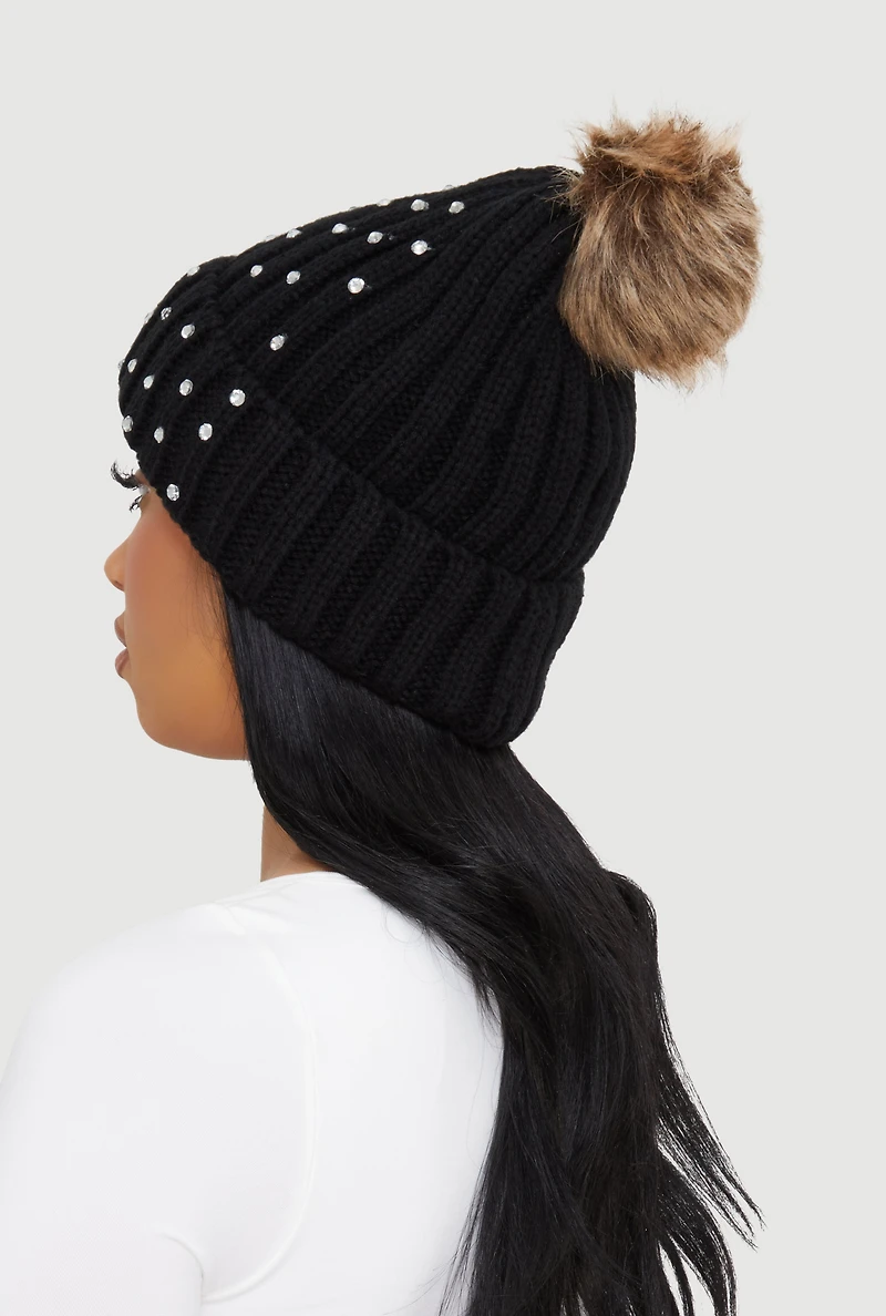 Faux Fur Pom Pom Rhinestone Detail Beanie