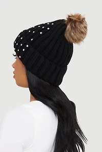 Faux Fur Pom Pom Rhinestone Detail Beanie