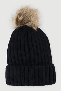 Faux Fur Pom Pom Rhinestone Detail Beanie