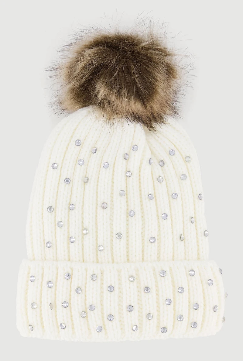 Faux Fur Pom Pom Rhinestone Detail Beanie