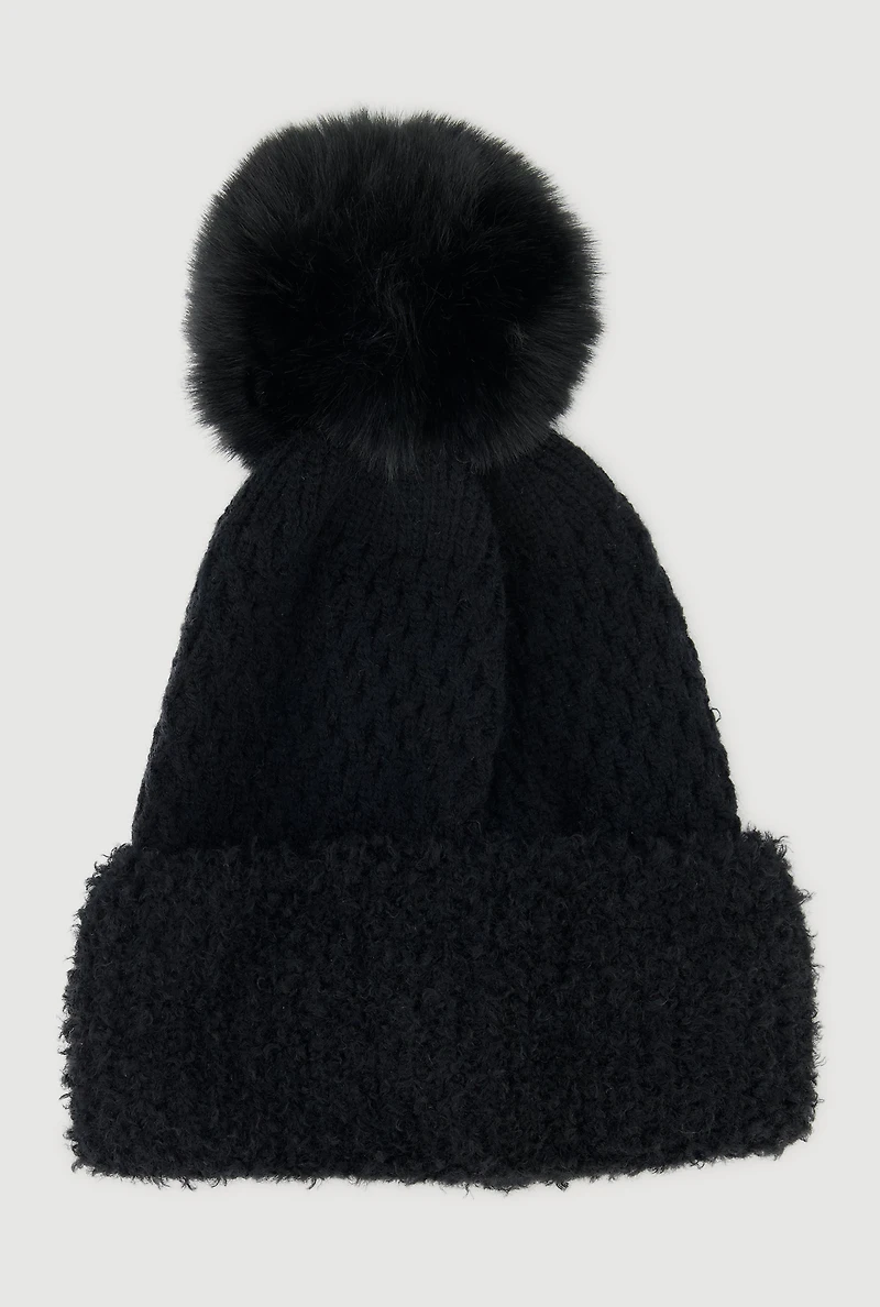 Eyelash Knit Trim Pom Pom Beanie