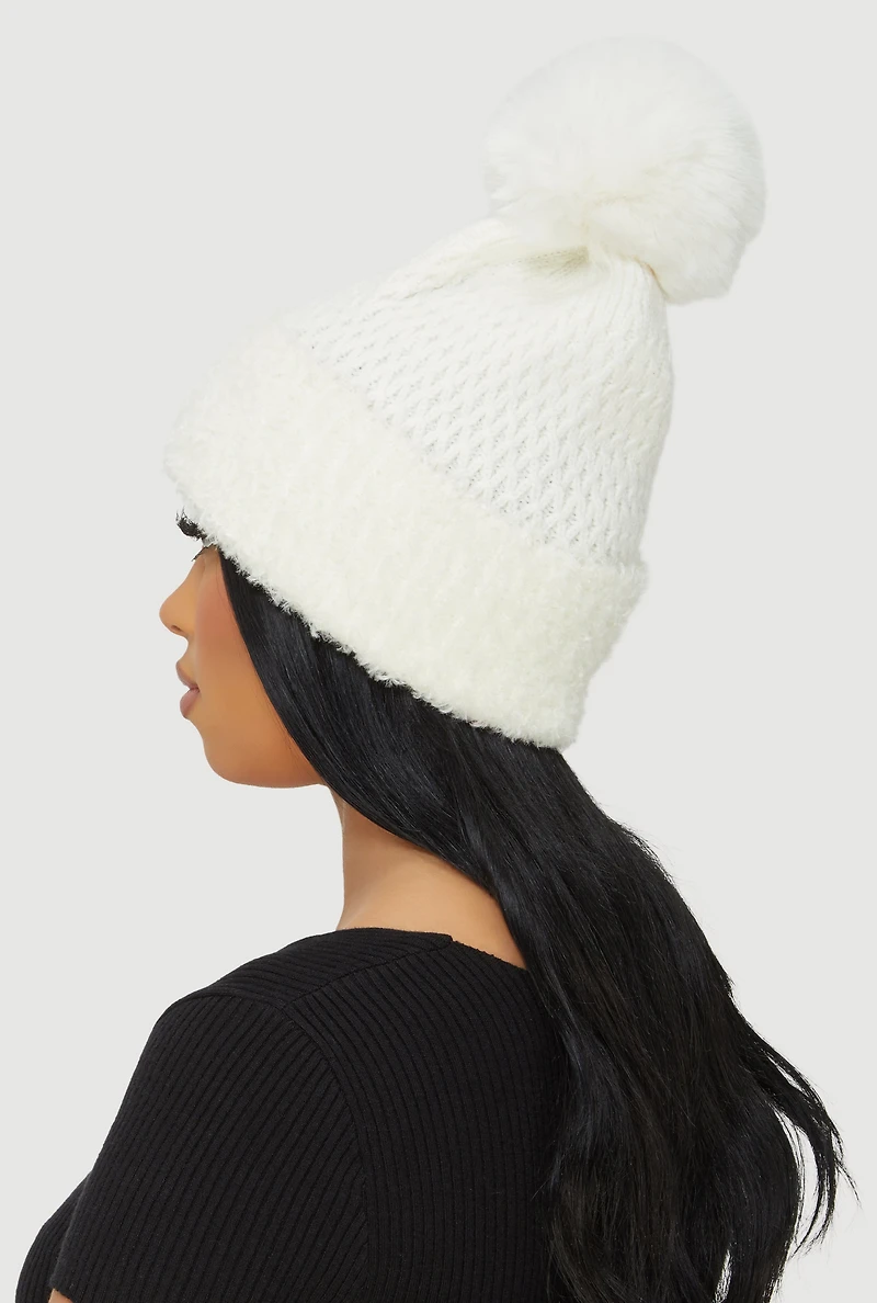 Eyelash Knit Trim Pom Pom Beanie