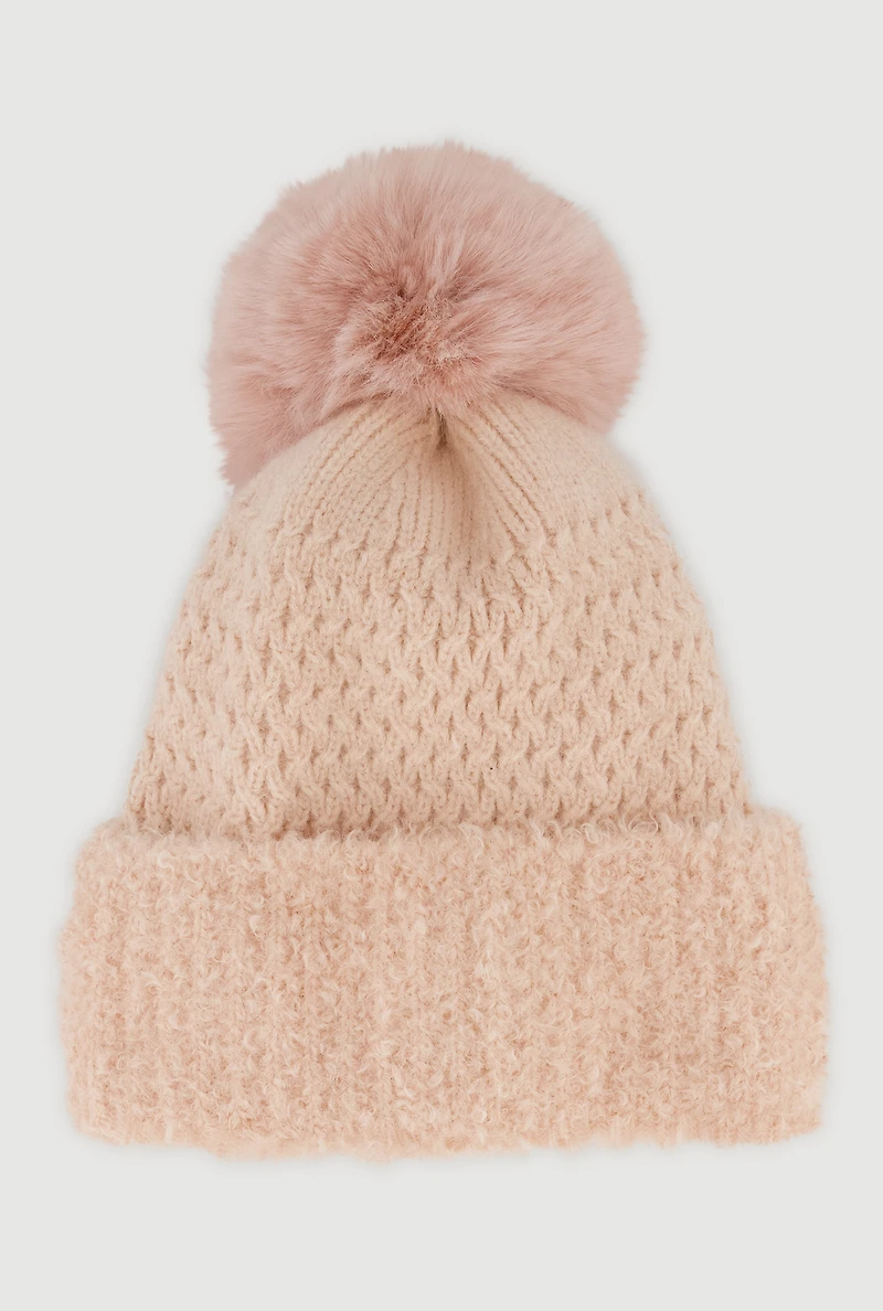 Eyelash Knit Trim Pom Pom Beanie