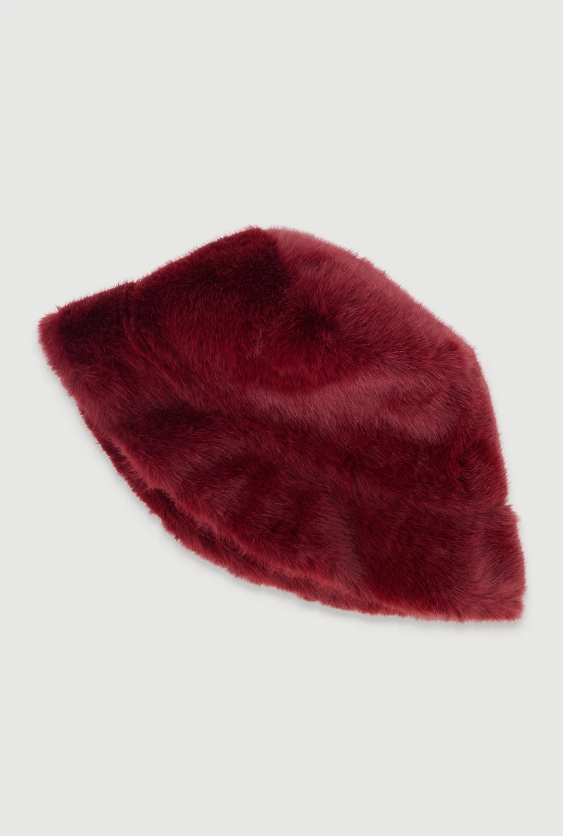 Womens Faux Fur Bucket Hat, Burgundy