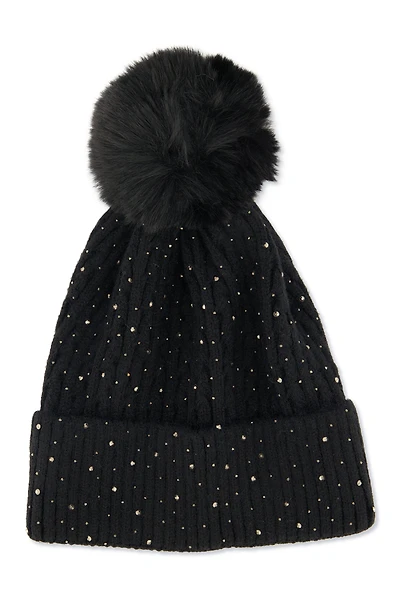 Rhinestone Cable Knit Pom Pom Beanie