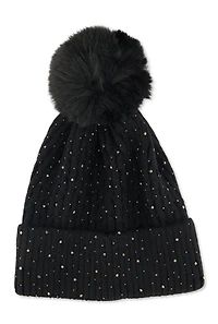Rhinestone Cable Knit Pom Pom Beanie