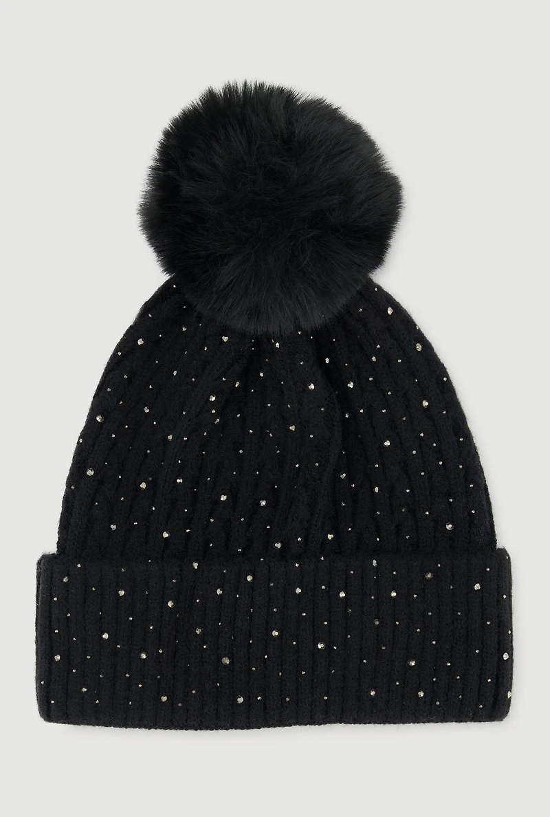 Womens Rhinestone Cable Knit Pom Pom Beanie, Black