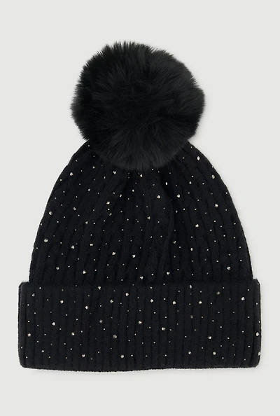 Womens Rhinestone Cable Knit Pom Pom Beanie, Black
