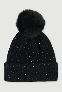 Womens Rhinestone Cable Knit Pom Pom Beanie, Black