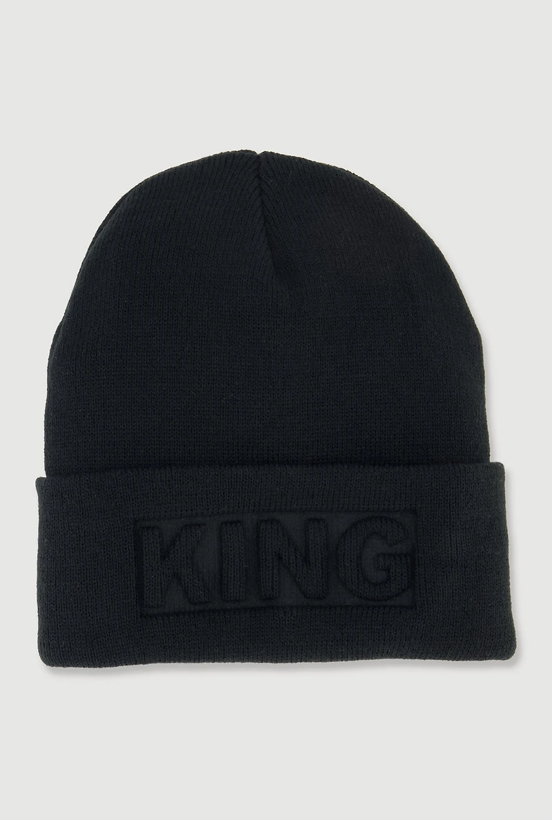 Womens King Embossed Cuff Beanie, Black