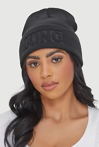 Womens King Embossed Cuff Beanie, Black