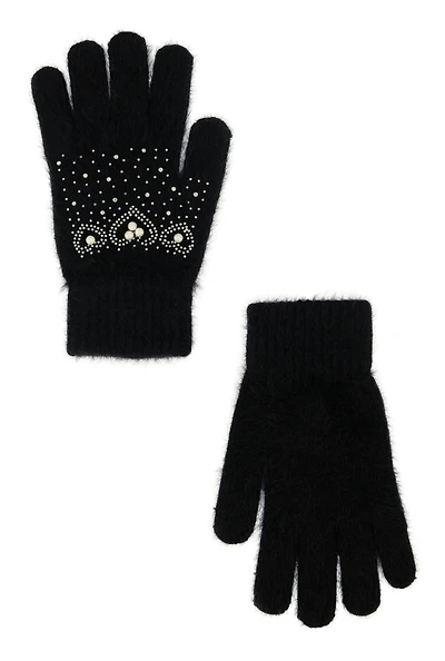 Womens Rhinestone Faux Pearl Studded Wool Gloves,