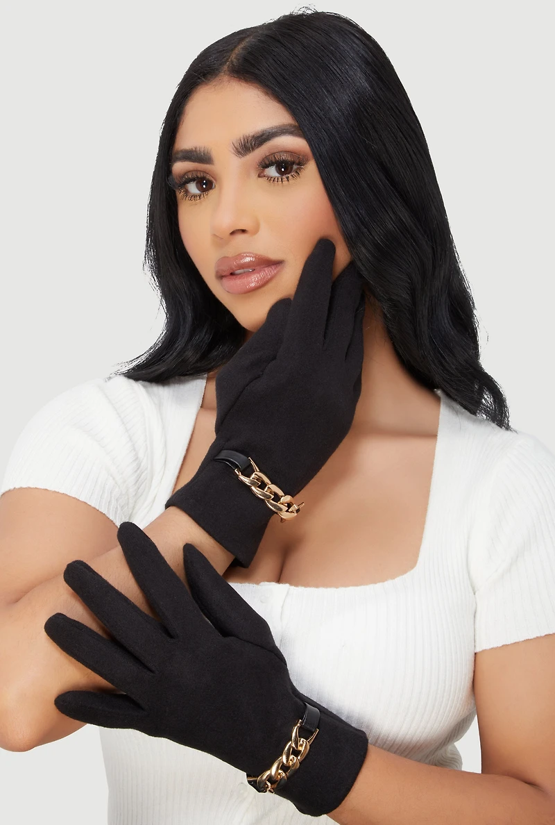 Womens Metallic Chain Detail Gloves, Black