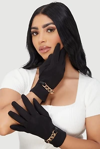 Womens Metallic Chain Detail Gloves, Black