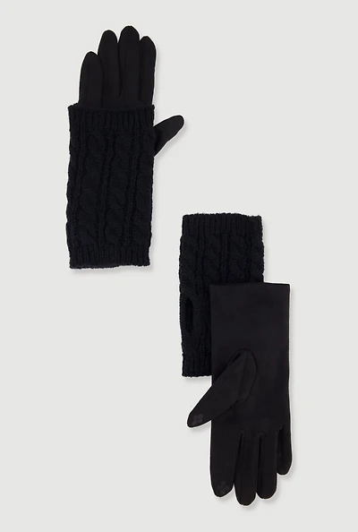 Faux Suede Texting Gloves with Cable Knit Hand Warmers