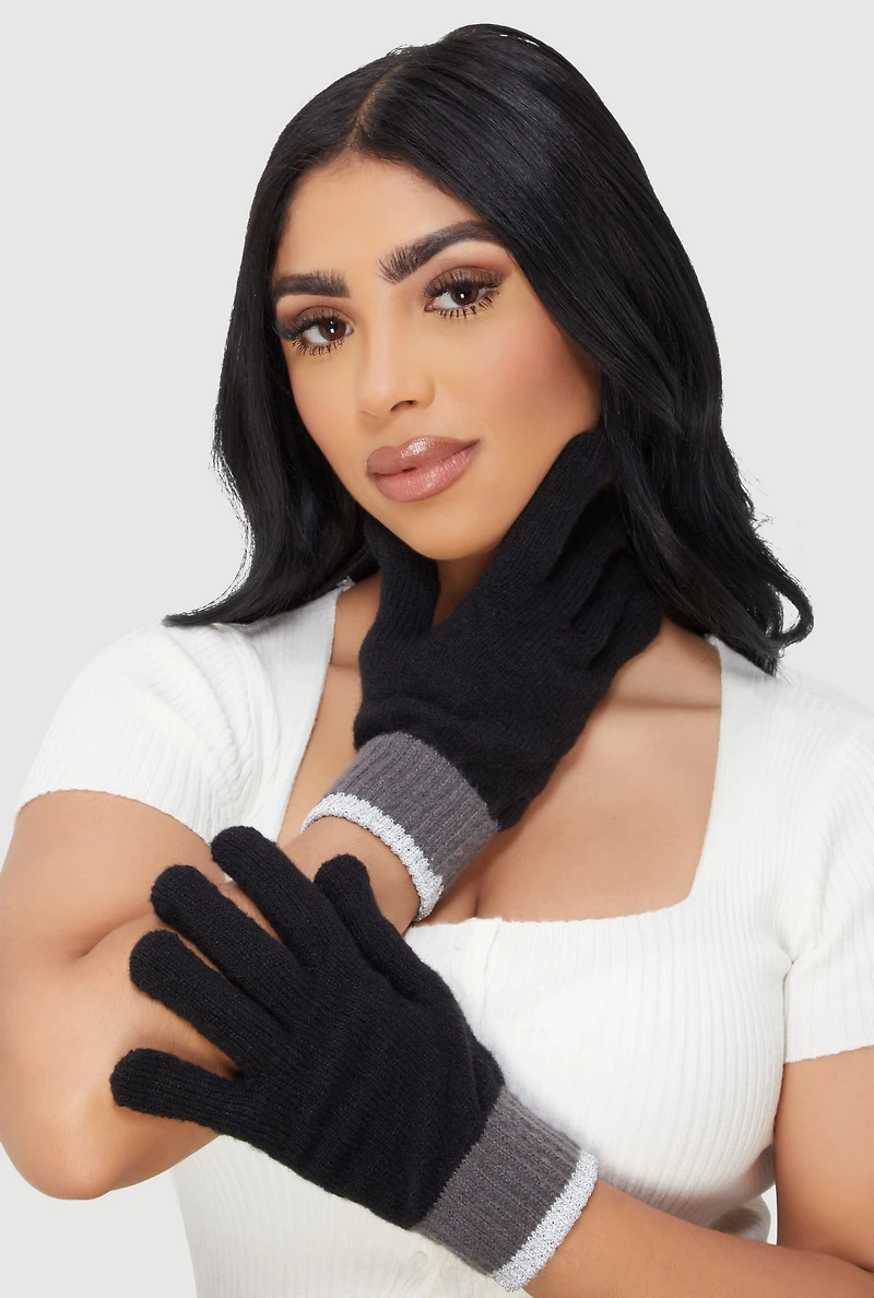 Color Blocked Lurex Trim Brushed Knit Gloves