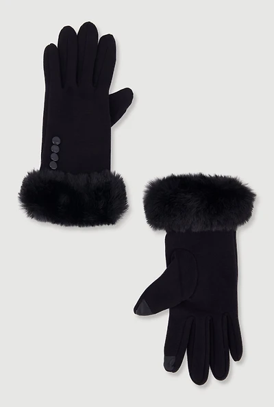 Faux Fur Trim Button Detail Texting Gloves