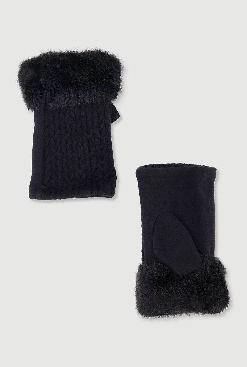 Faux Fur Trim Cable Knit Detail Fingerless Gloves