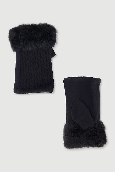 Faux Fur Trim Cable Knit Detail Fingerless Gloves
