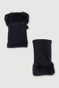 Faux Fur Trim Cable Knit Detail Fingerless Gloves