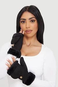 Faux Fur Trim Fold Over Mittens