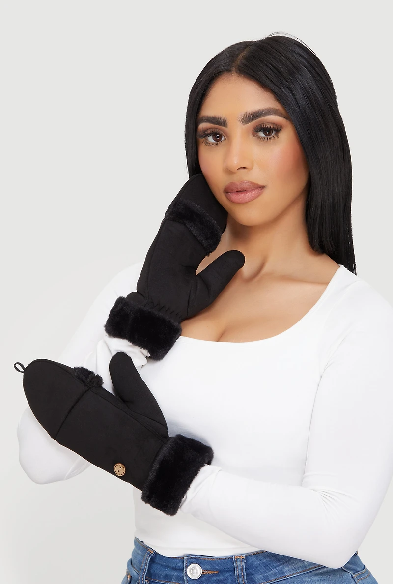 Faux Fur Trim Fold Over Mittens