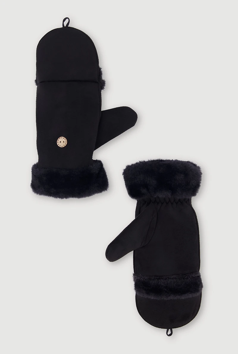 Faux Fur Trim Fold Over Mittens