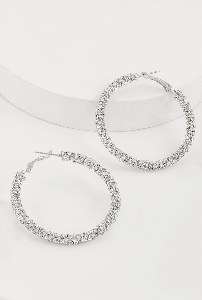 Womens Stylish Rhinestone Hoop Earrings, Silver