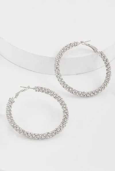 Womens Stylish Rhinestone Hoop Earrings, Silver