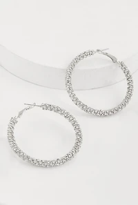Womens Stylish Rhinestone Hoop Earrings, Silver