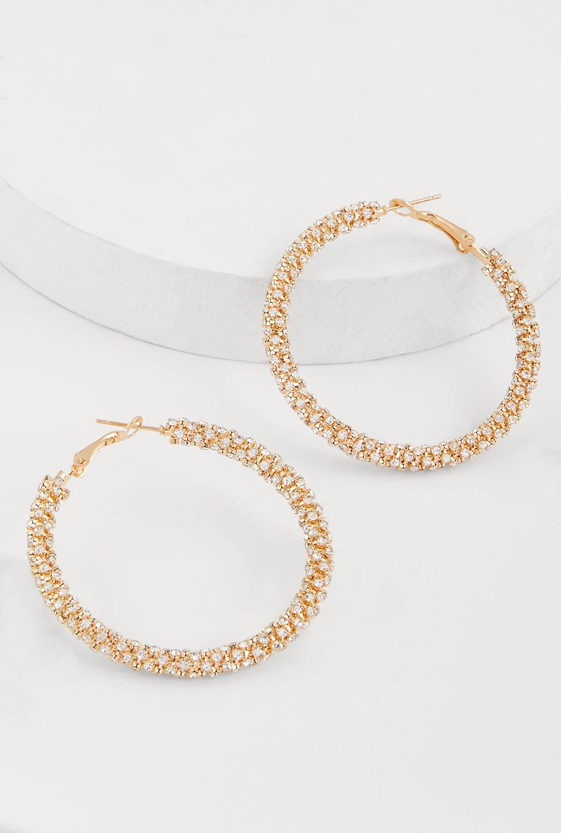 Womens Stylish Rhinestone Hoop Earrings, Gold