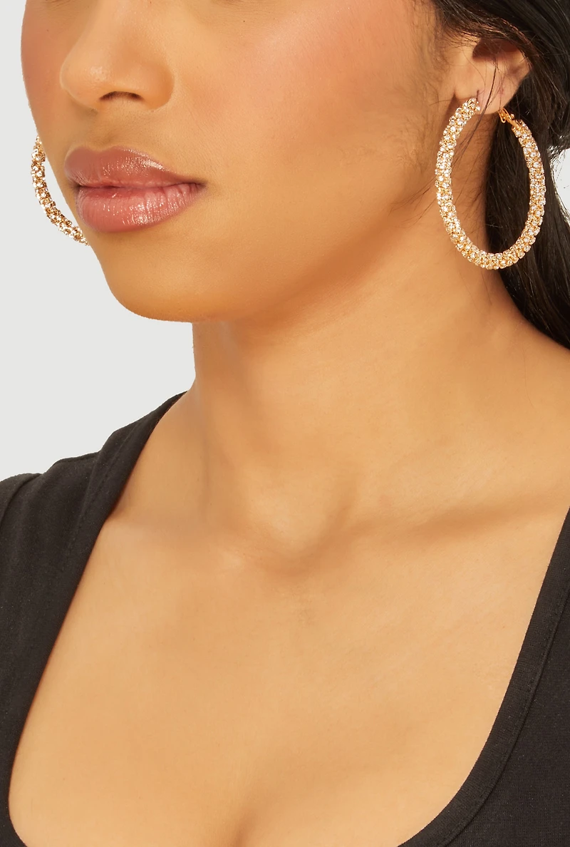 Womens Stylish Rhinestone Hoop Earrings, Gold