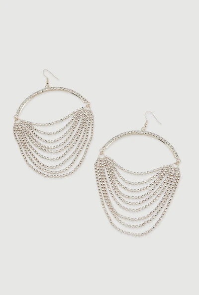 Womens Rhinestone Layered Chain Dangle Earrings, Silver