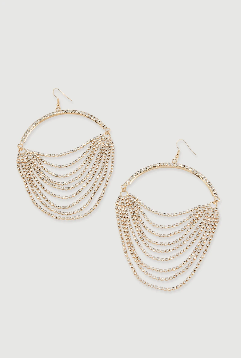 Womens Rhinestone Layered Chain Dangle Earrings, Gold