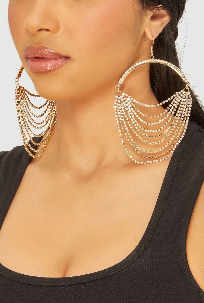 Womens Rhinestone Layered Chain Dangle Earrings, Gold