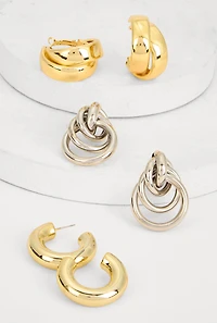 Womens Metallic Hoop and Interlocking Drop Earrings Set of 3, Multi