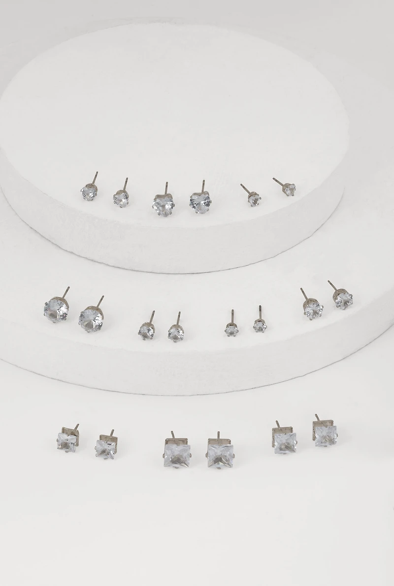 Elegant Cubic Zirconia Stud Earrings Set of 10