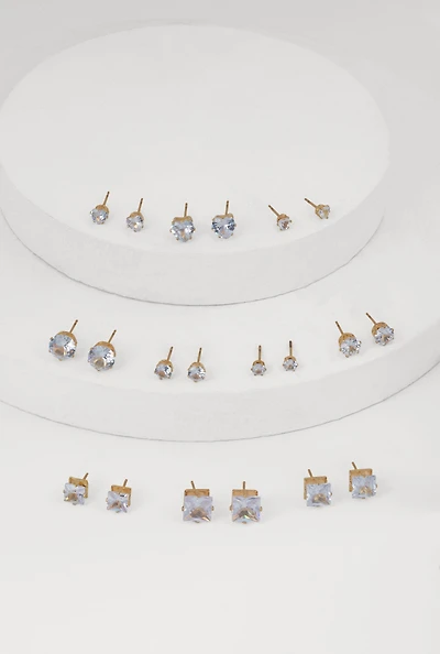 Womens Elegant Cubic Zirconia Stud Earrings Set of 10, Gold