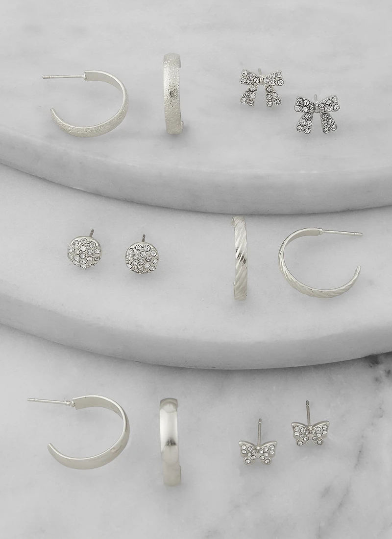 Womens Assorted Rhinestone Stud and Hoop Earring Set of 6, Silver